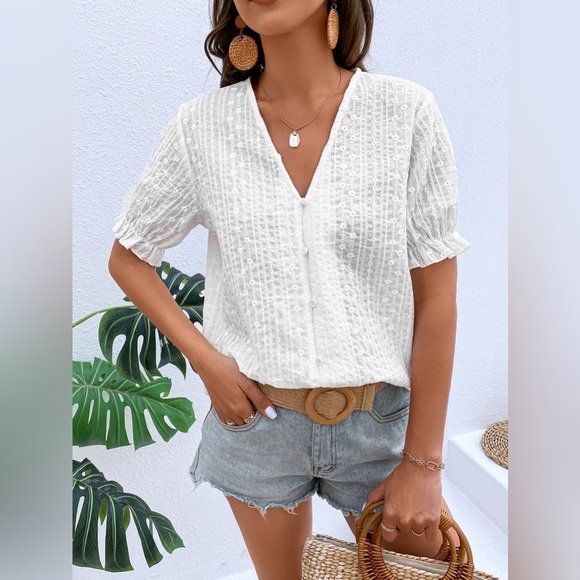 Honey Buttoned V-Neck Flounce Sleeve Top - Picture 3 of 6